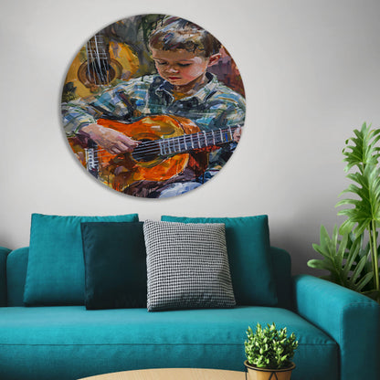 Jongen Speelt Op Kleurrijk Gitaar aluminium muurcirkel