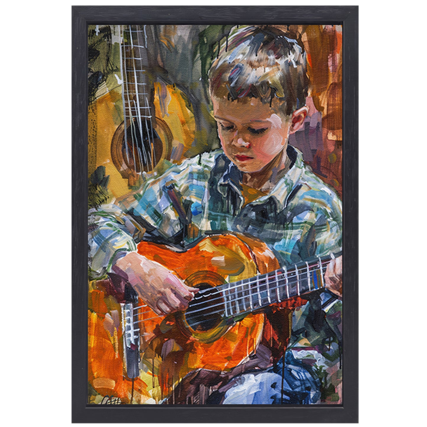 Jongen Speelt Op Kleurrijk Gitaar canvas met baklijst