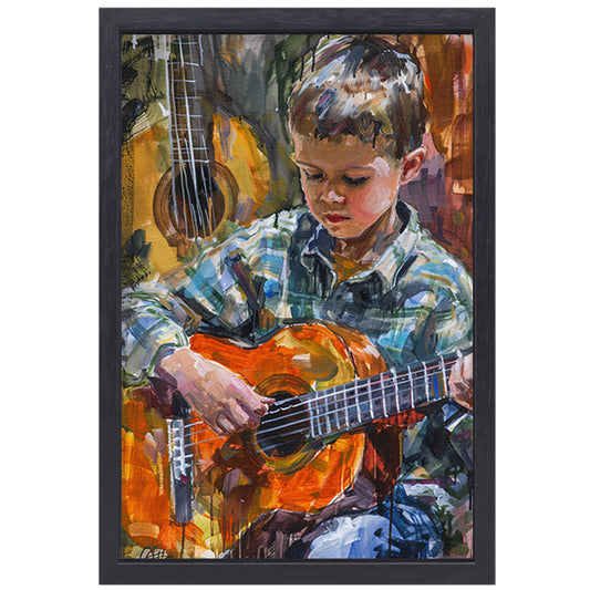 Jongen Speelt Op Kleurrijk Gitaar canvas met baklijst