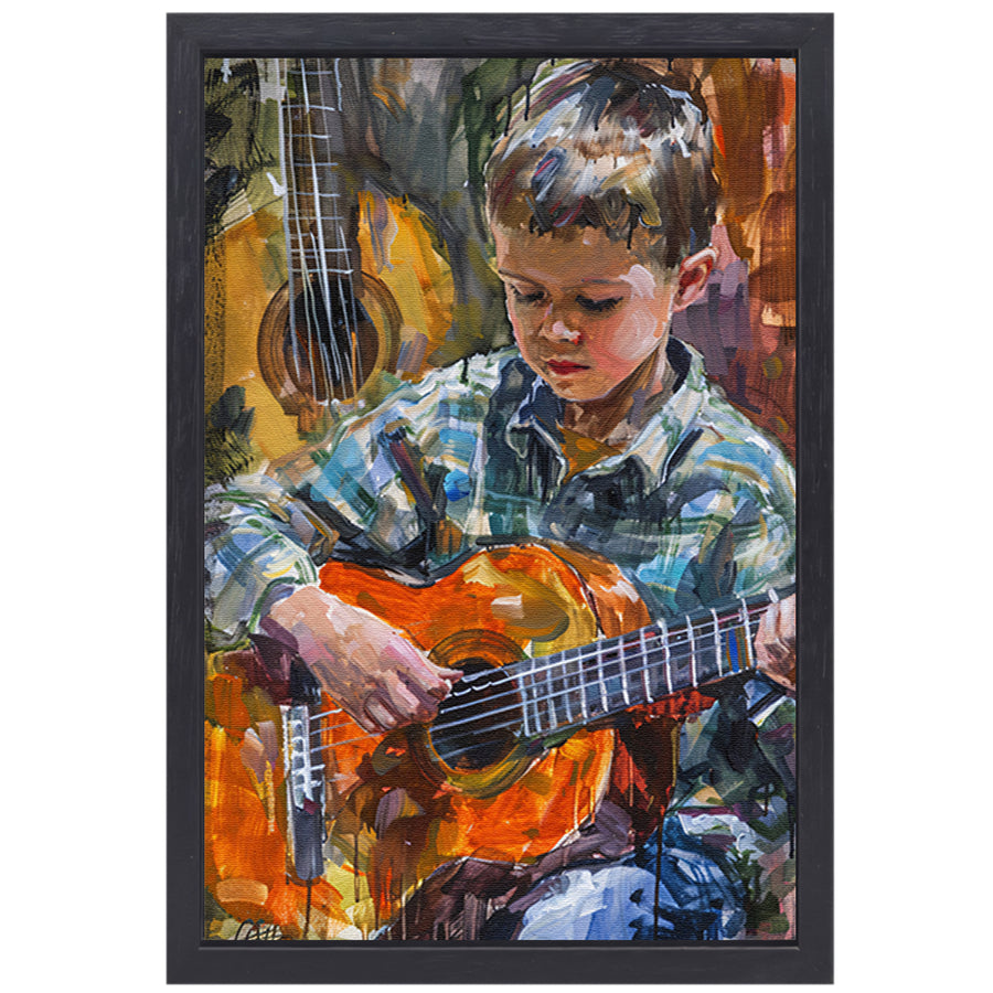 Jongen Speelt Op Kleurrijk Gitaar canvas met baklijst