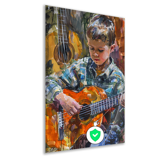 Jongen Speelt Op Kleurrijk Gitaar poster
