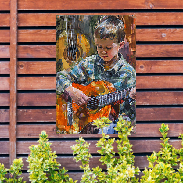 Jongen Speelt Op Kleurrijk Gitaar tuinposter