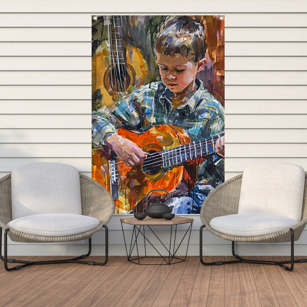 Jongen Speelt Op Kleurrijk Gitaar tuinposter
