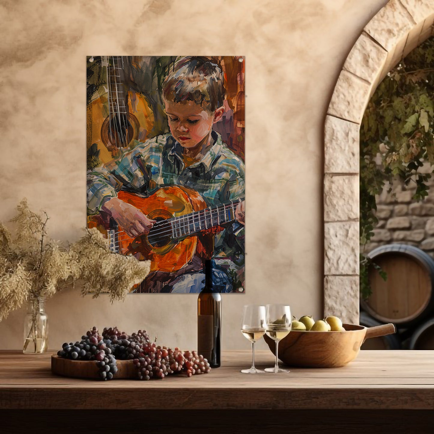 Jongen Speelt Op Kleurrijk Gitaar tuinposter