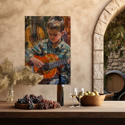 Jongen Speelt Op Kleurrijk Gitaar tuinposter