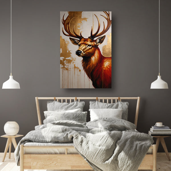 Majestueus hert met gouden gewei op canvas canvas met baklijst