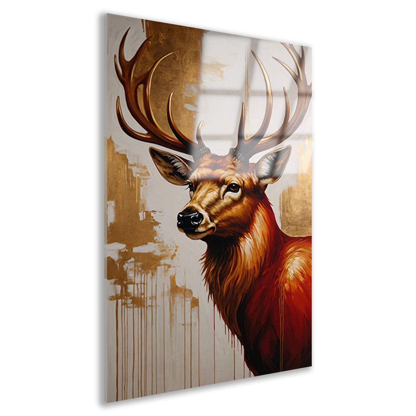Majestueus hert met gouden gewei op canvas acrylglas