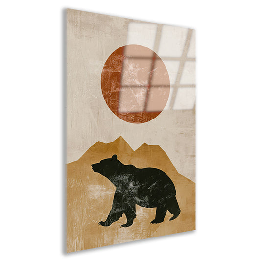 Minimalistische weergave van beer en bergen bij zonsondergang acrylglas