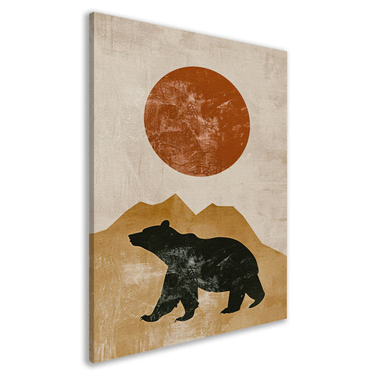Minimalistische weergave van beer en bergen bij zonsondergang canvas