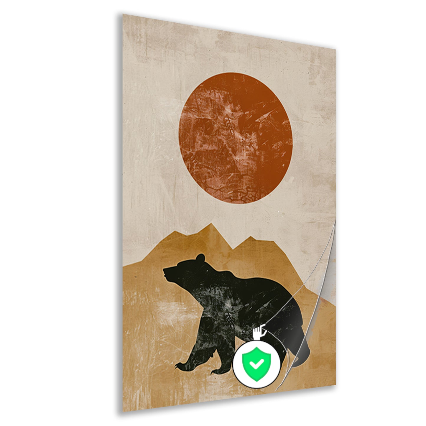 Minimalistische weergave van beer en bergen bij zonsondergang poster