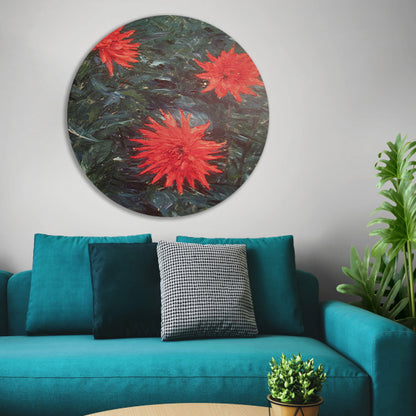 Rode cactusdahlias - Gustave Caillebotte aluminium muurcirkel