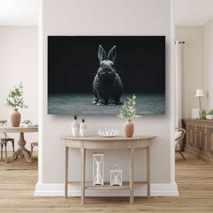 Zwart-wit konijn portret op donkere achtergrond canvas