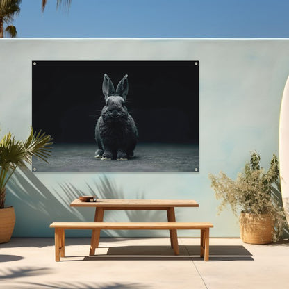 Zwart-wit konijn portret op donkere achtergrond tuinposter