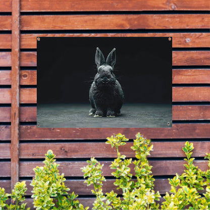 Zwart-wit konijn portret op donkere achtergrond tuinposter