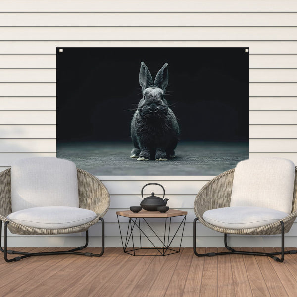 Zwart-wit konijn portret op donkere achtergrond tuinposter