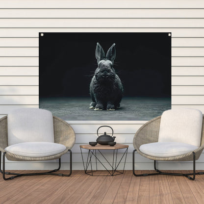 Zwart-wit konijn portret op donkere achtergrond tuinposter