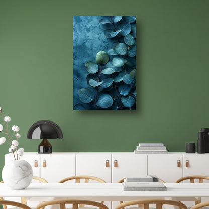 Abstracte kunst van bladeren op getextureerde blauwe achtergrond canvas