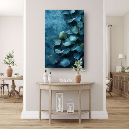 Abstracte kunst van bladeren op getextureerde blauwe achtergrond canvas