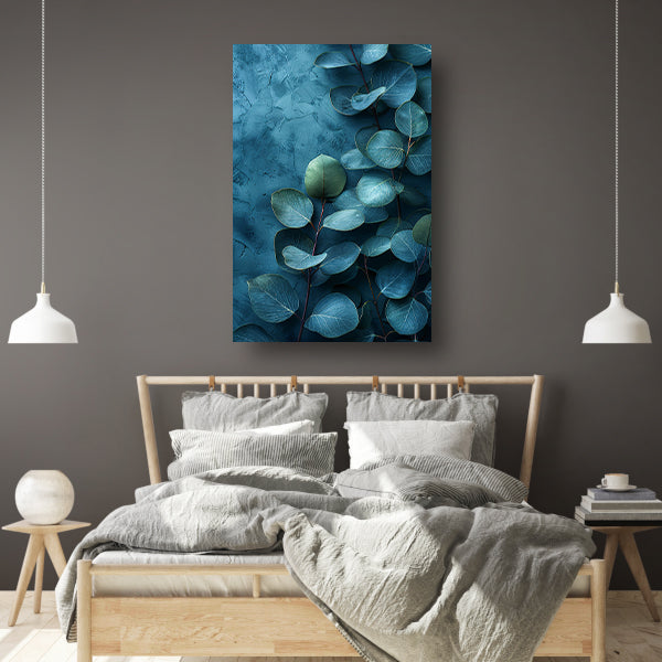 Abstracte kunst van bladeren op getextureerde blauwe achtergrond canvas