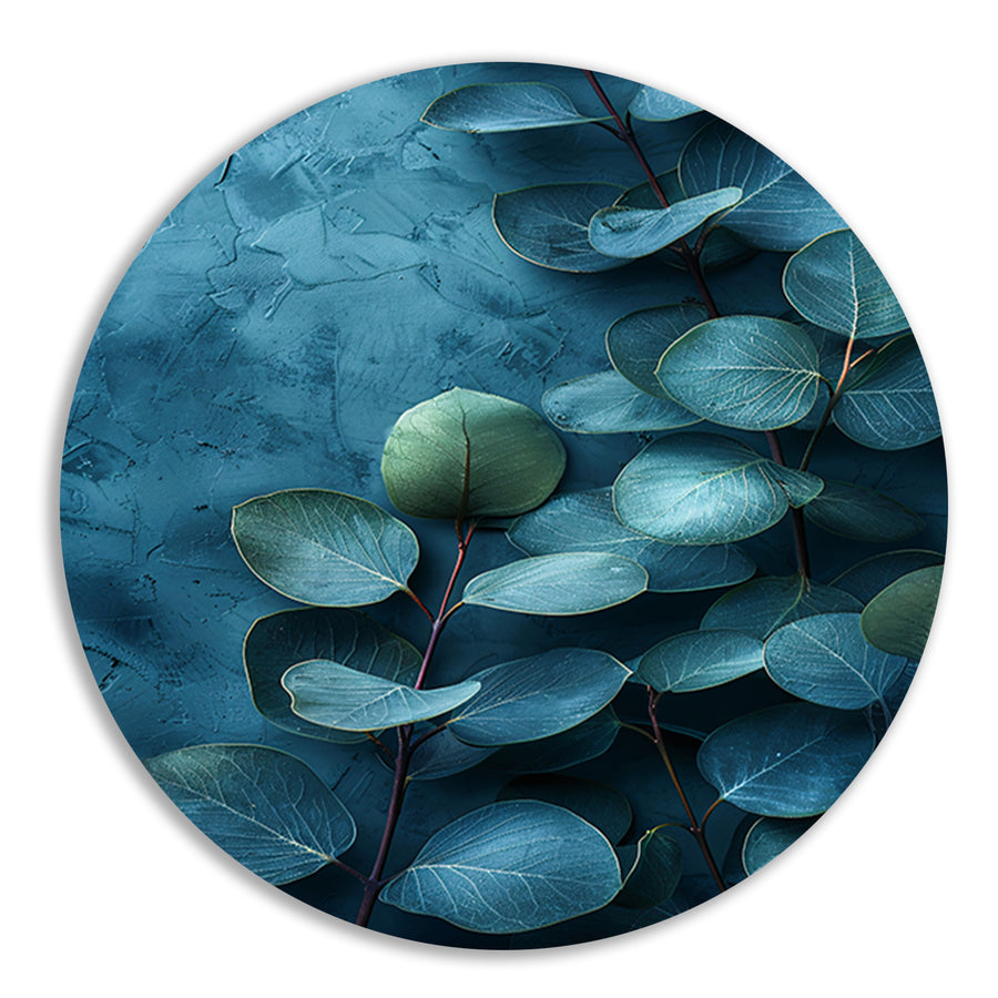 Abstracte kunst van bladeren op getextureerde blauwe achtergrond aluminium muurcirkel