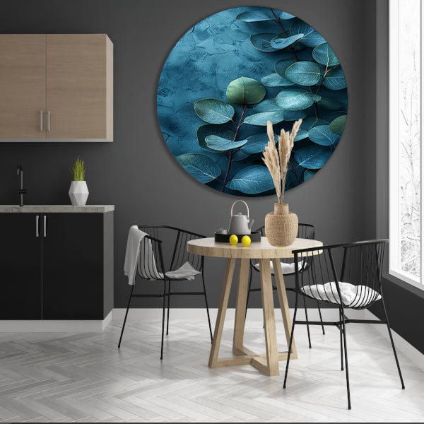 Abstracte kunst van bladeren op getextureerde blauwe achtergrond forex muurcirkel