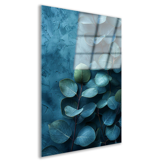 Abstracte kunst van bladeren op getextureerde blauwe achtergrond acrylglas