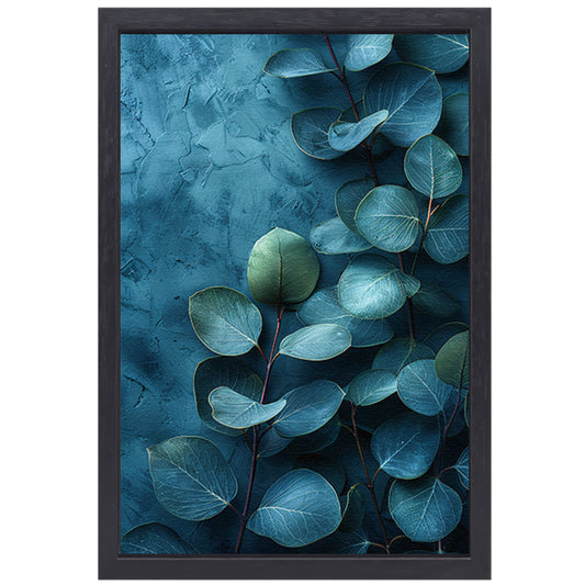 Abstracte kunst van bladeren op getextureerde blauwe achtergrond canvas met baklijst