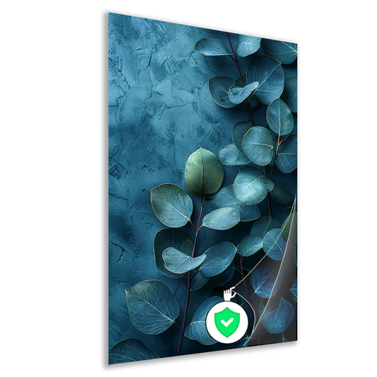 Abstracte kunst van bladeren op getextureerde blauwe achtergrond poster