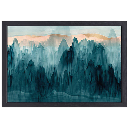 Abstracte bergen in blauw en turquoise canvas met baklijst