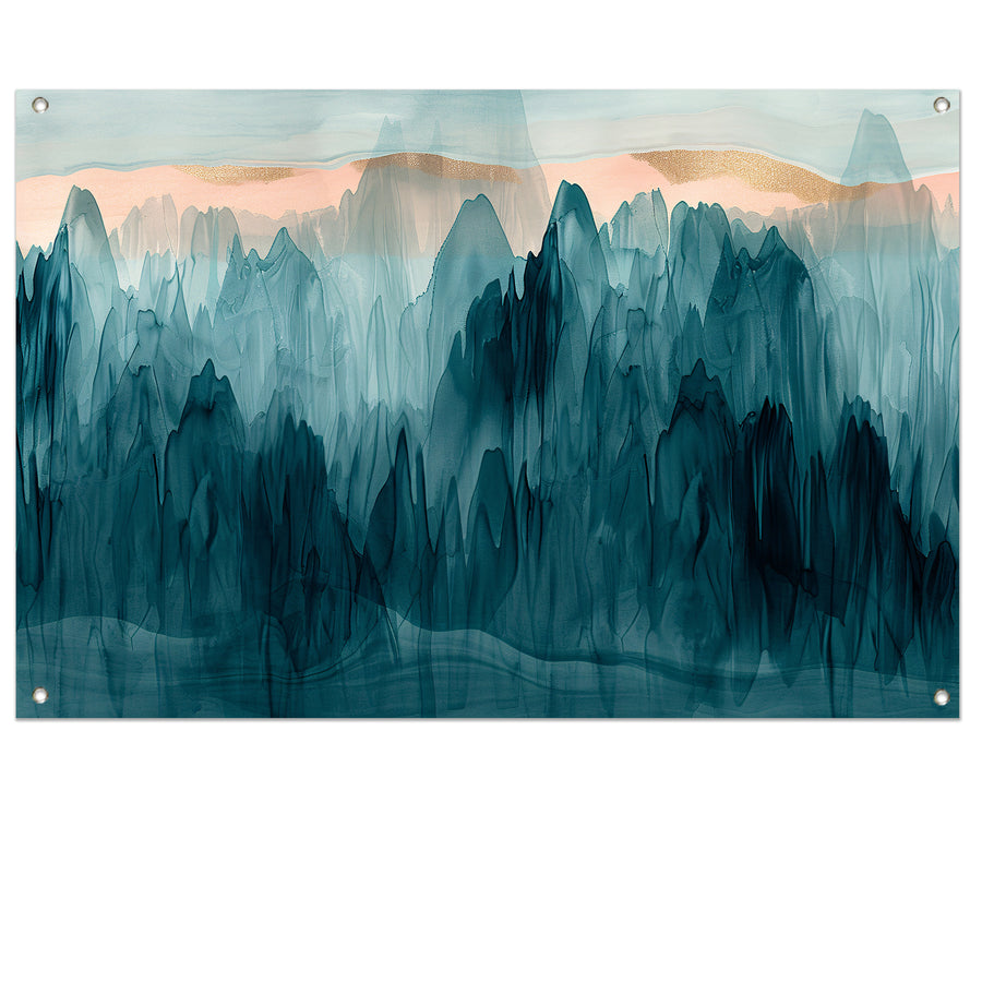 Abstracte bergen in blauw en turquoise tuinposter