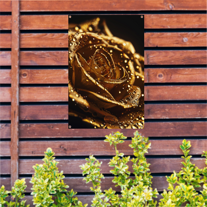 Gouden roos met glinsterende dauwdruppels close-up tuinposter