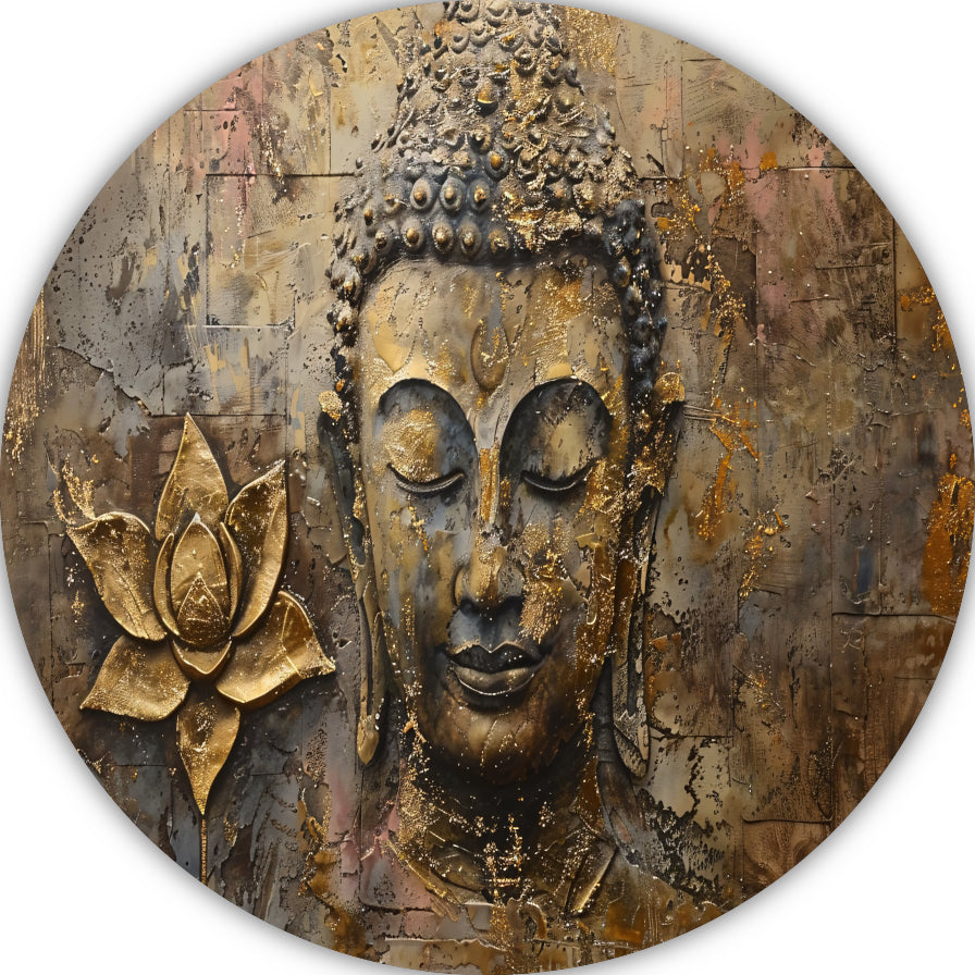 Gouden Boeddha met Lotus in Art Nouveau Stijl aluminium muurcirkel