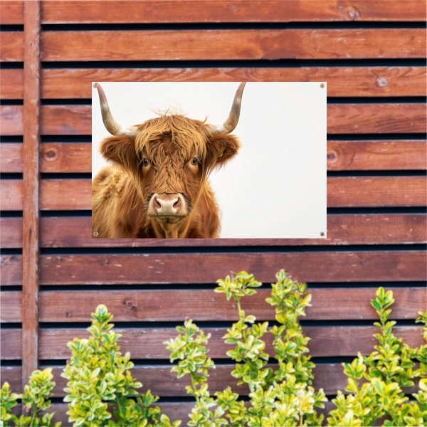 Close-up van een Schotse hooglander met indrukwekkende hoorns tuinposter