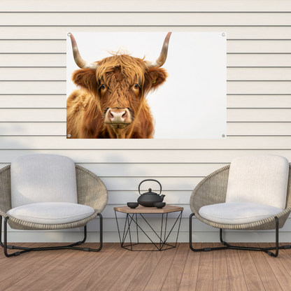 Close-up van een Schotse hooglander met indrukwekkende hoorns tuinposter