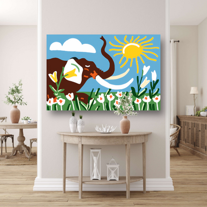 Vrolijke olifant onder een heldere zon canvas met baklijst