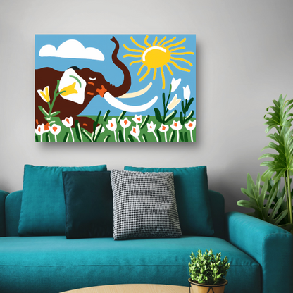 Vrolijke olifant onder een heldere zon canvas met baklijst