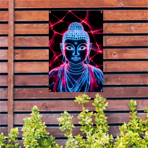 Futuristische neon Boeddha met lichten tuinposter