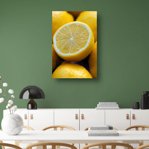 Close-up van een sappige citroen met waterdruppels canvas met baklijst