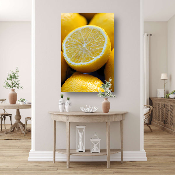 Close-up van een sappige citroen met waterdruppels canvas met baklijst