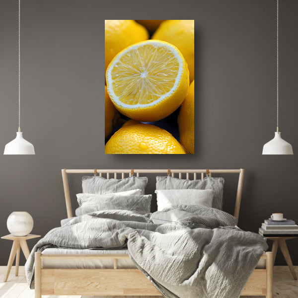 Close-up van een sappige citroen met waterdruppels canvas met baklijst