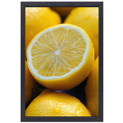 Close-up van een sappige citroen met waterdruppels canvas met baklijst