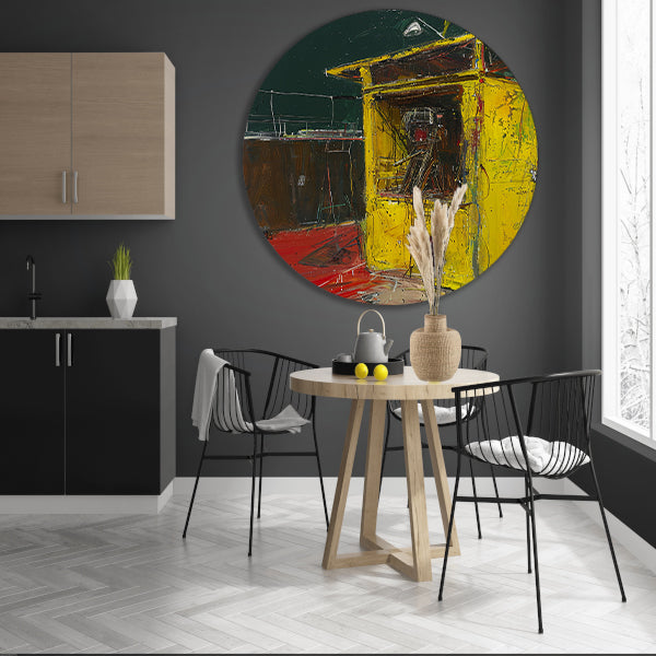 Abstract schilderij van een gereedschaphok aluminium muurcirkel