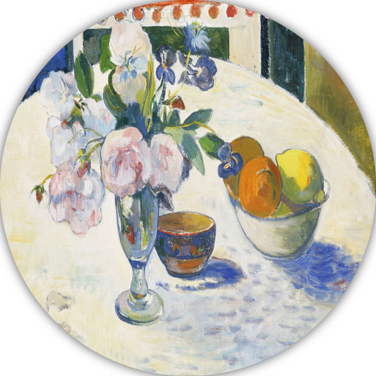 Bloemen en een fruitschaal op tafel - Paul Gauguin aluminium muurcirkel