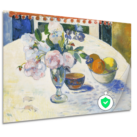 Bloemen en een fruitschaal op tafel - Paul Gauguin poster