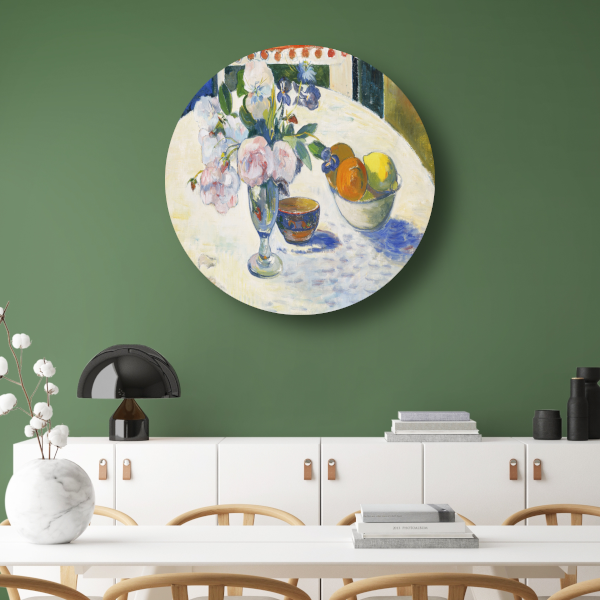 Bloemen en een fruitschaal op tafel - Paul Gauguin aluminium muurcirkel
