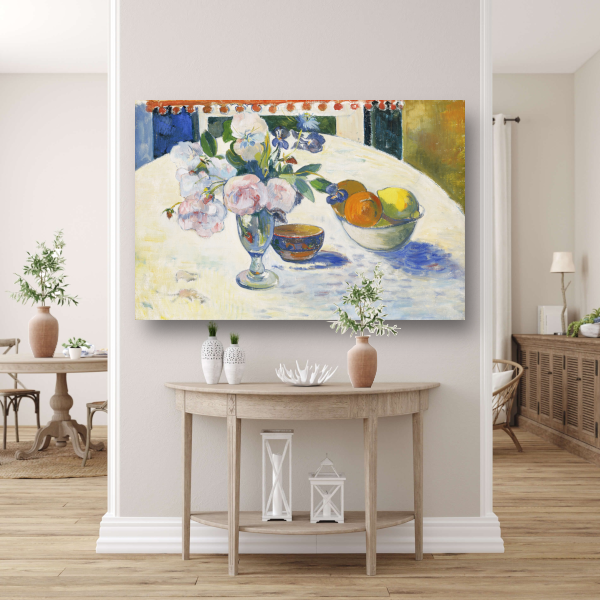 Bloemen en een fruitschaal op tafel - Paul Gauguin poster