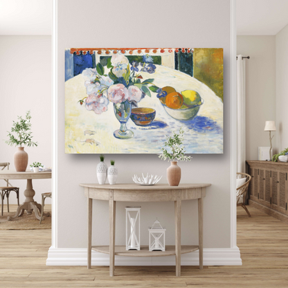 Bloemen en een fruitschaal op tafel - Paul Gauguin poster
