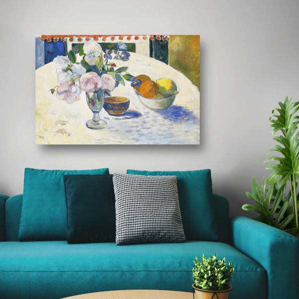 Bloemen en een fruitschaal op tafel - Paul Gauguin poster