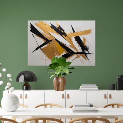 Dynamische Abstractie in Goud en Zwart canvas met baklijst