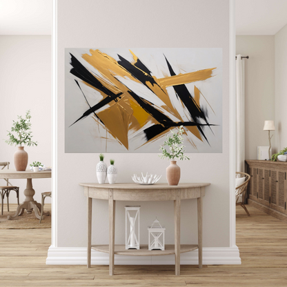 Dynamische Abstractie in Goud en Zwart canvas met baklijst